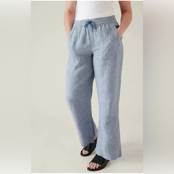 Athleta 16 Tall Retreat Linen Wide Leg Pant Chambray Blue Summer Coastal Pants - Picture 1 of 6